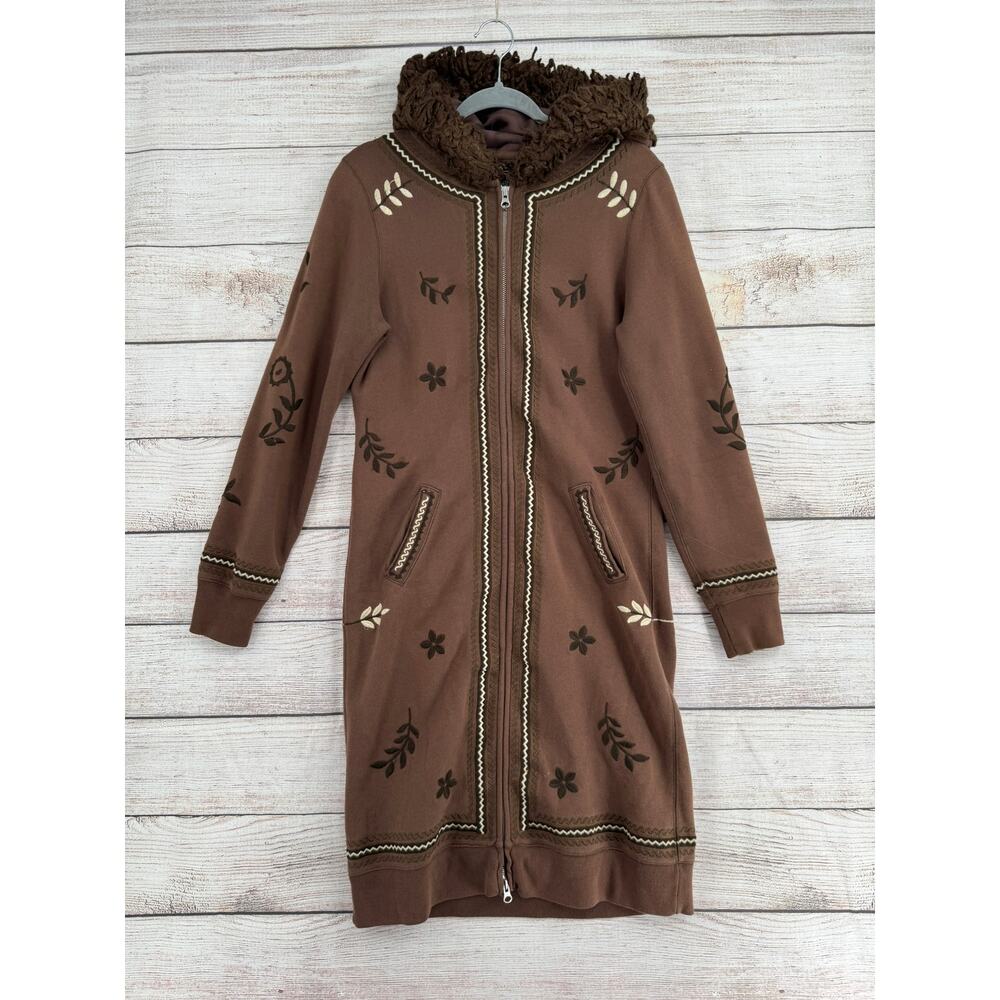 Lucky Brand Brown Hooded Midi Dress with Floral Embroidery